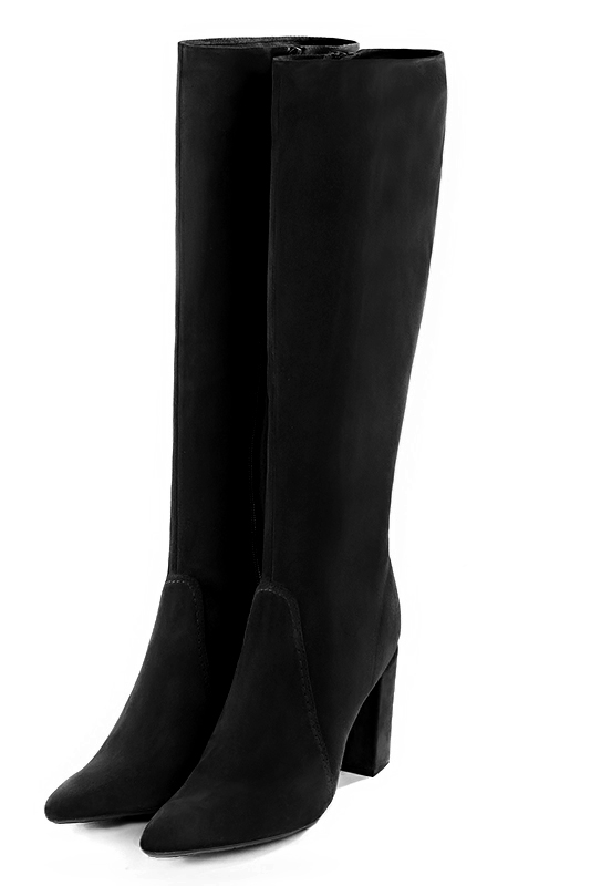 Matt black women's feminine knee-high boots. Tapered toe. Very high block heels. Made to measure. Front view - Florence KOOIJMAN